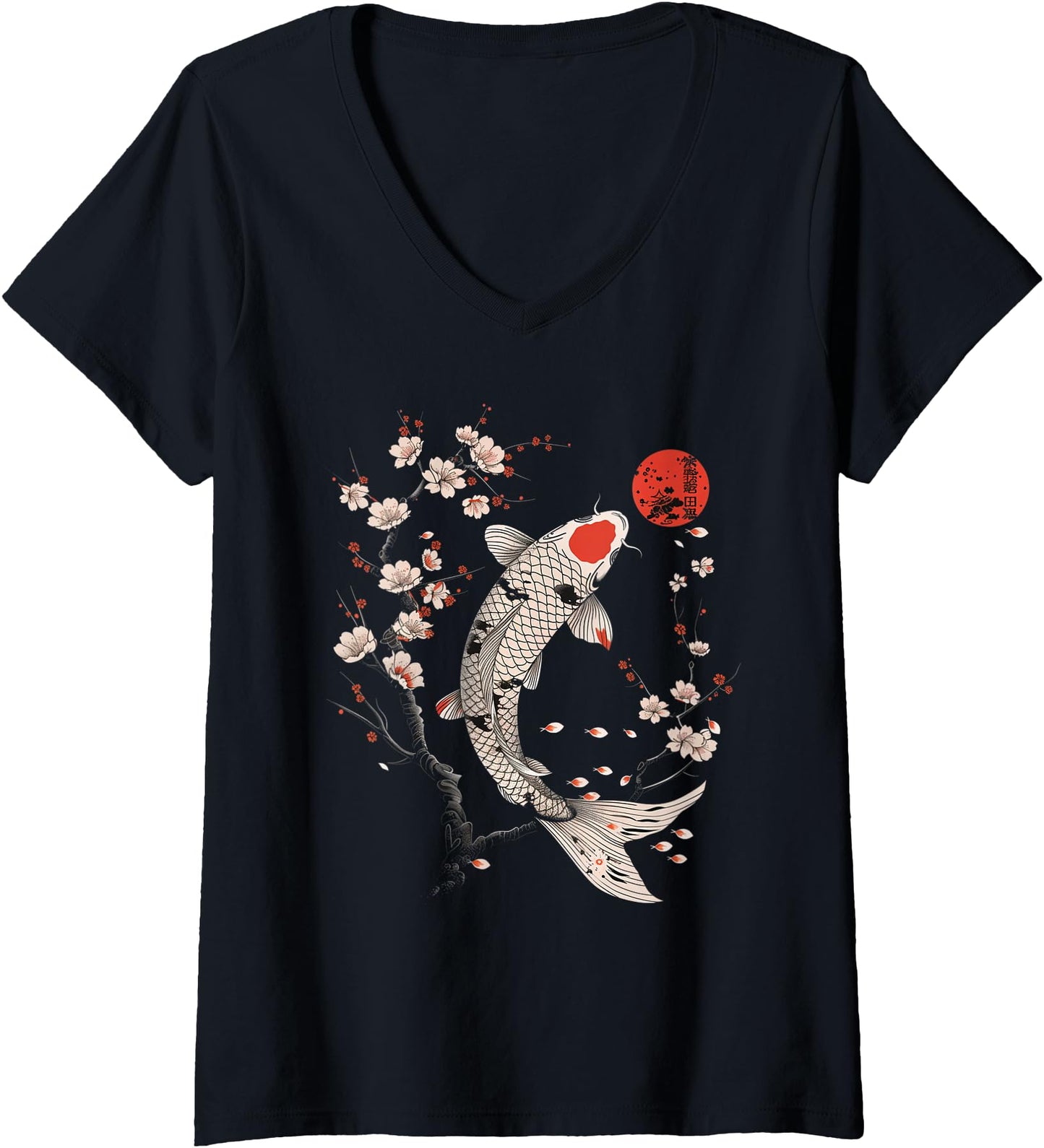 Womens Japanese Koi Fish Lotus Flowers Vintage Art Japan V-Neck