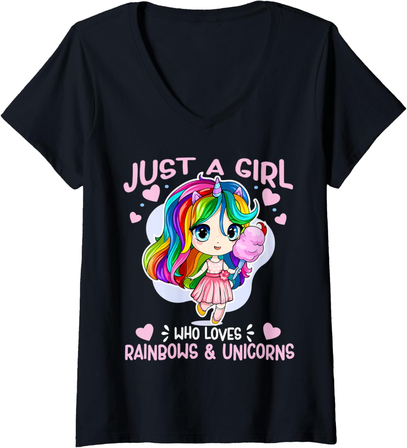 Womens Just A Girl Who Loves Rainbows And Unicorns Cute Anime Chibi V-Neck