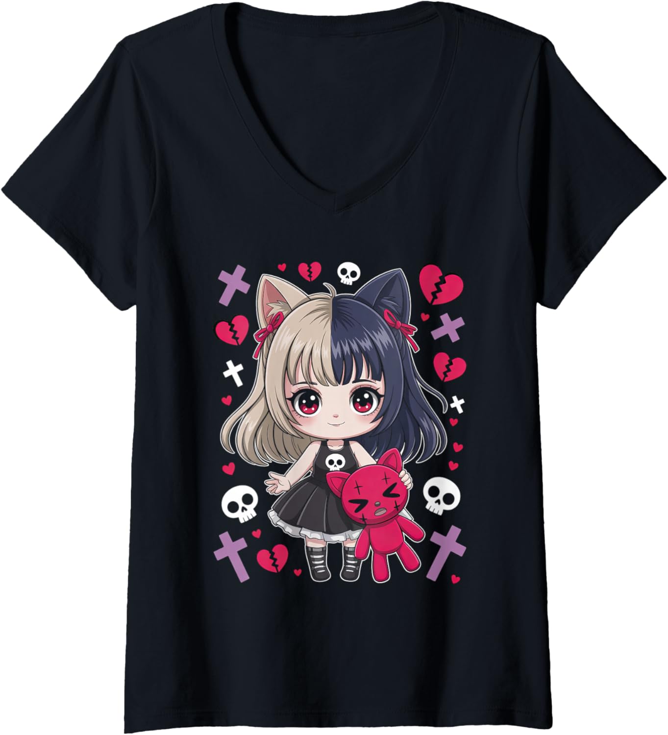 Womens Goth Emo Girl with Teddybear Gothic Chibi Anime Girlie V-Neck
