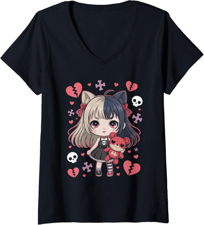 Womens Goth Emo Girl with Teddybear Gothic Chibi Anime Girlie V-Neck