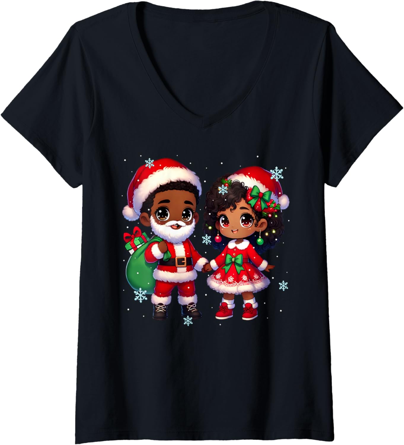 Womens African American Santa Mrs Clause Chibi Melanin Christmas V-Neck
