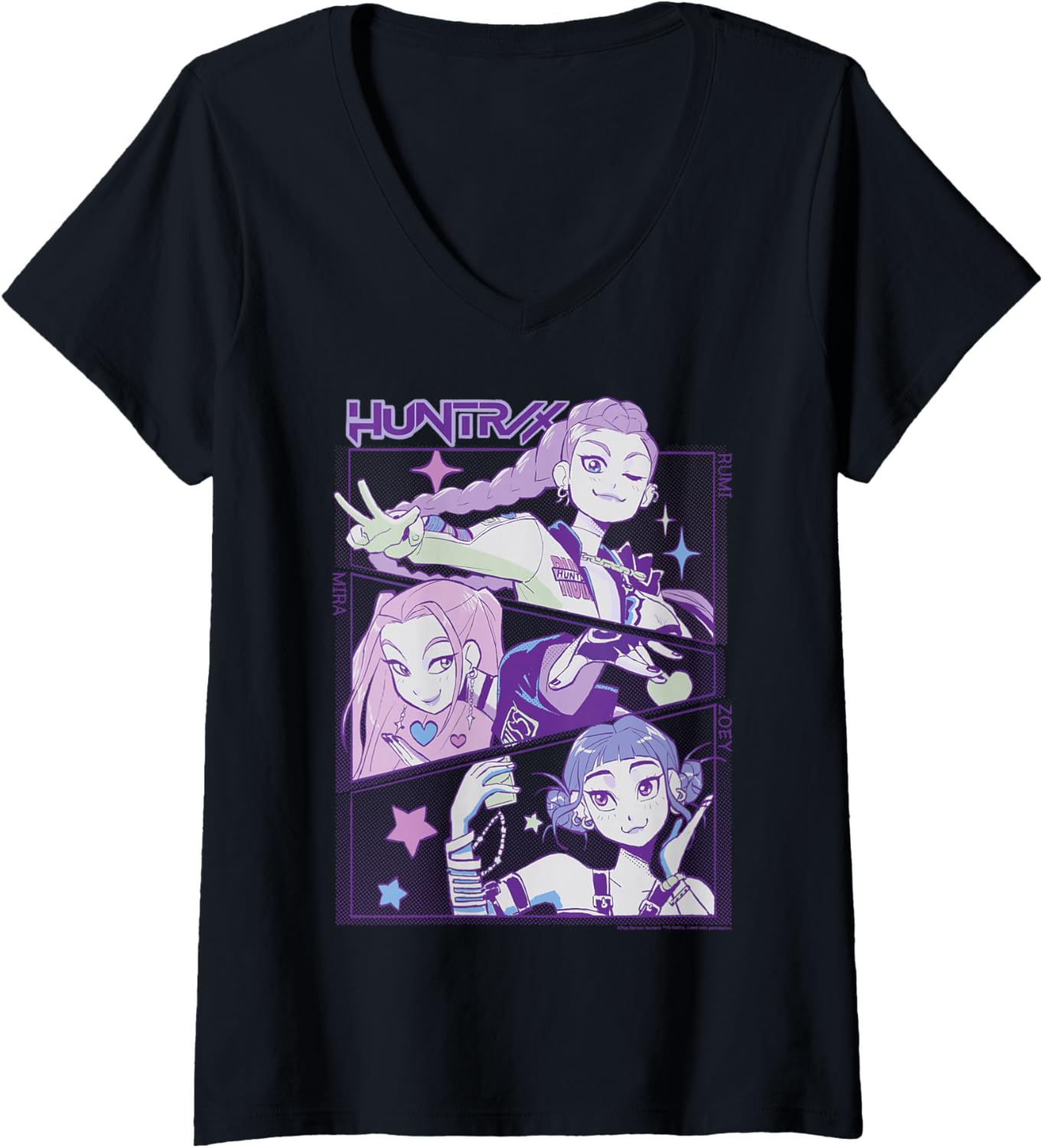 Womens Kpop Demon Hunters Halloween Huntrix Cute Animated Panels V-Neck