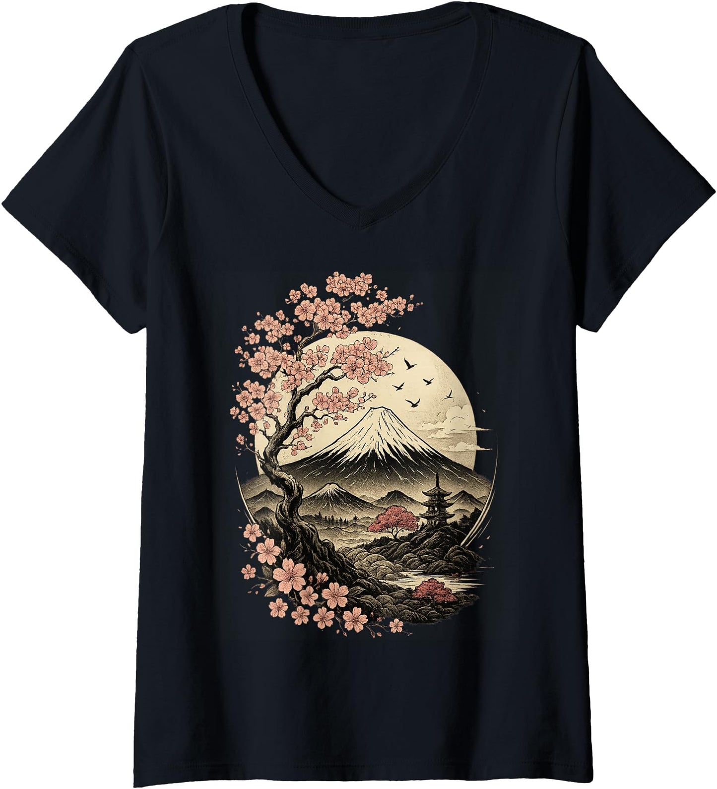 Womens Japanese Sakura Garden Geisha Mount Fuji Cherry Blossom V-Neck