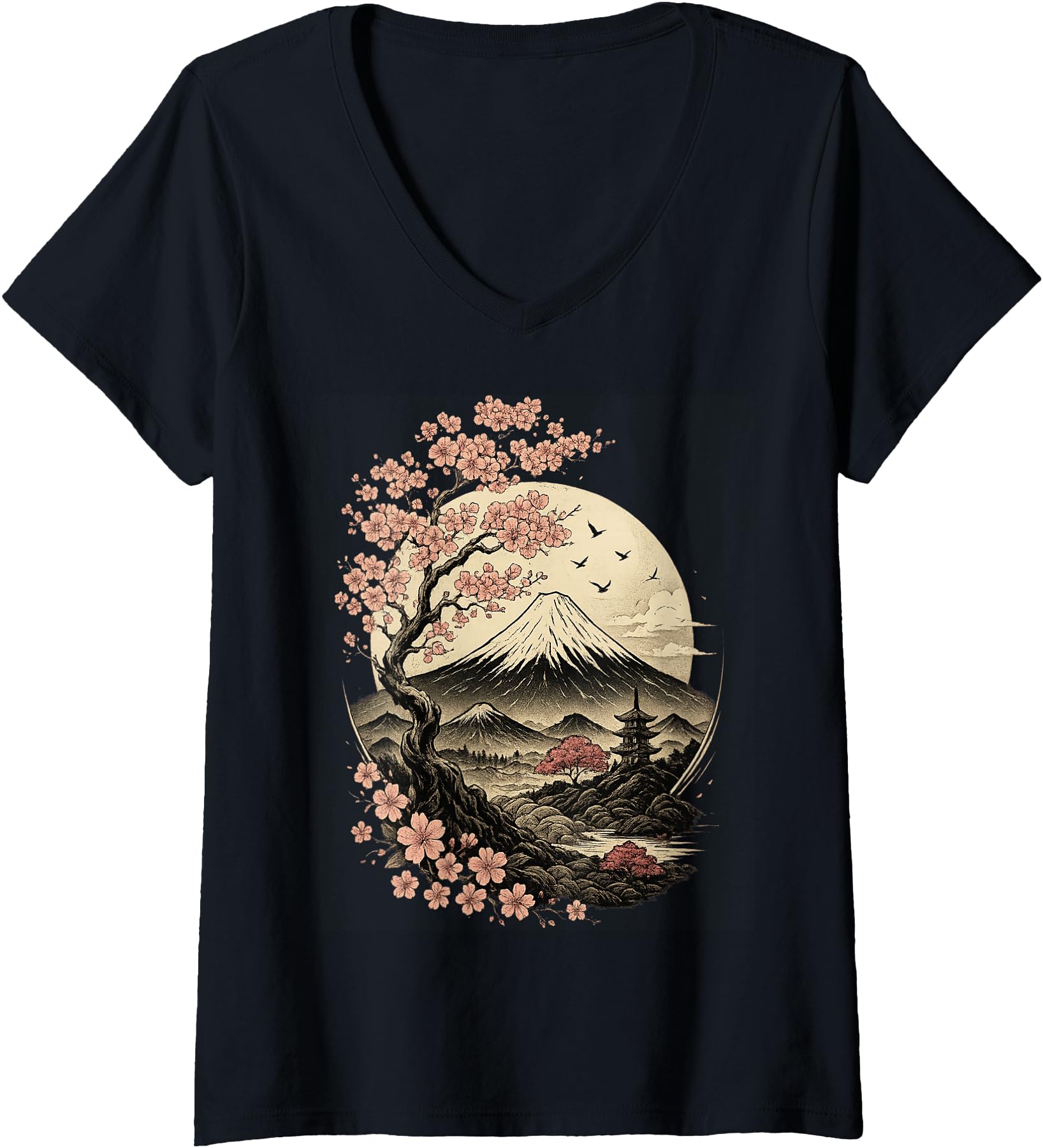 Womens Japanese Sakura Garden Geisha Mount Fuji Cherry Blossom V-Neck