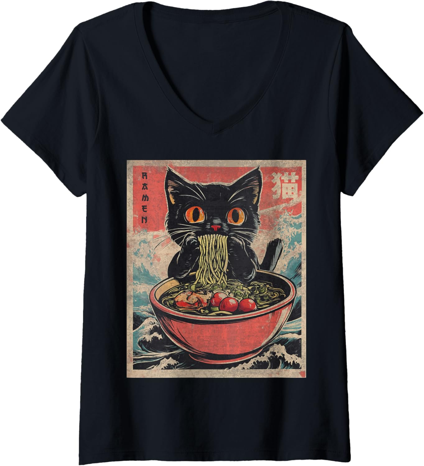 Womens Cat Ramen Japanese Funny Graphic Tees Kawaii Cat Anime Gifts V-Neck