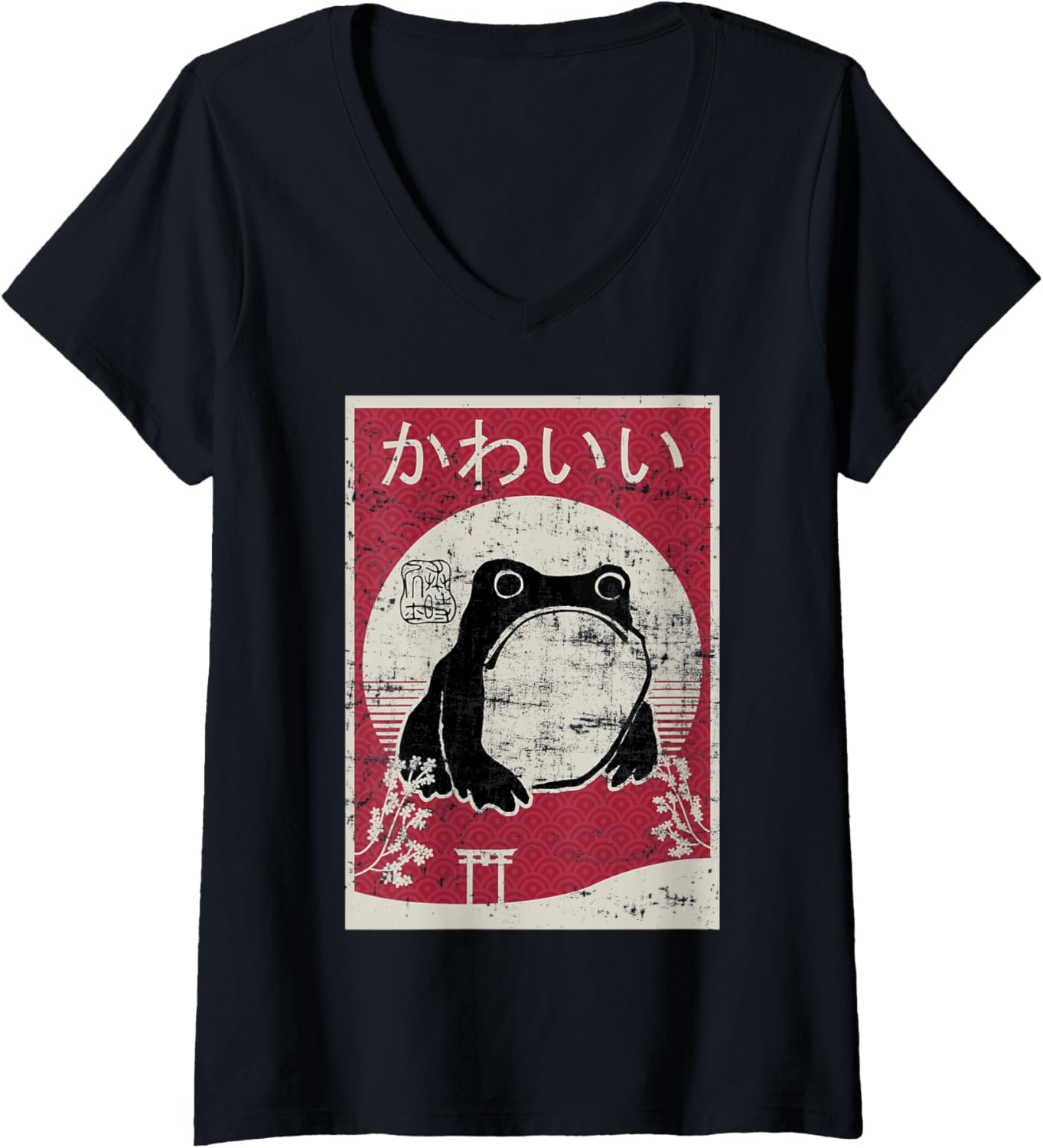 Womens Grumpy Frog Retro Woodblock Vintage Ukiyo Japanese Art Print V-Neck