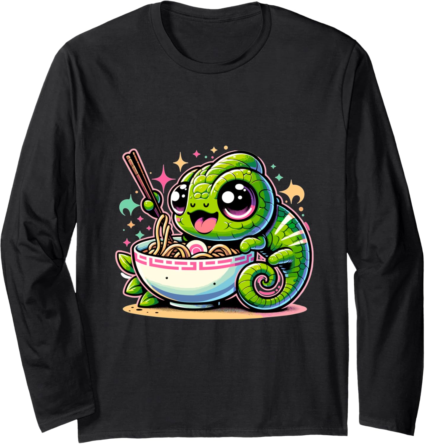 Cute Japanese Kawaii Chibi Chameleon Eating Ramen Long Sleeve