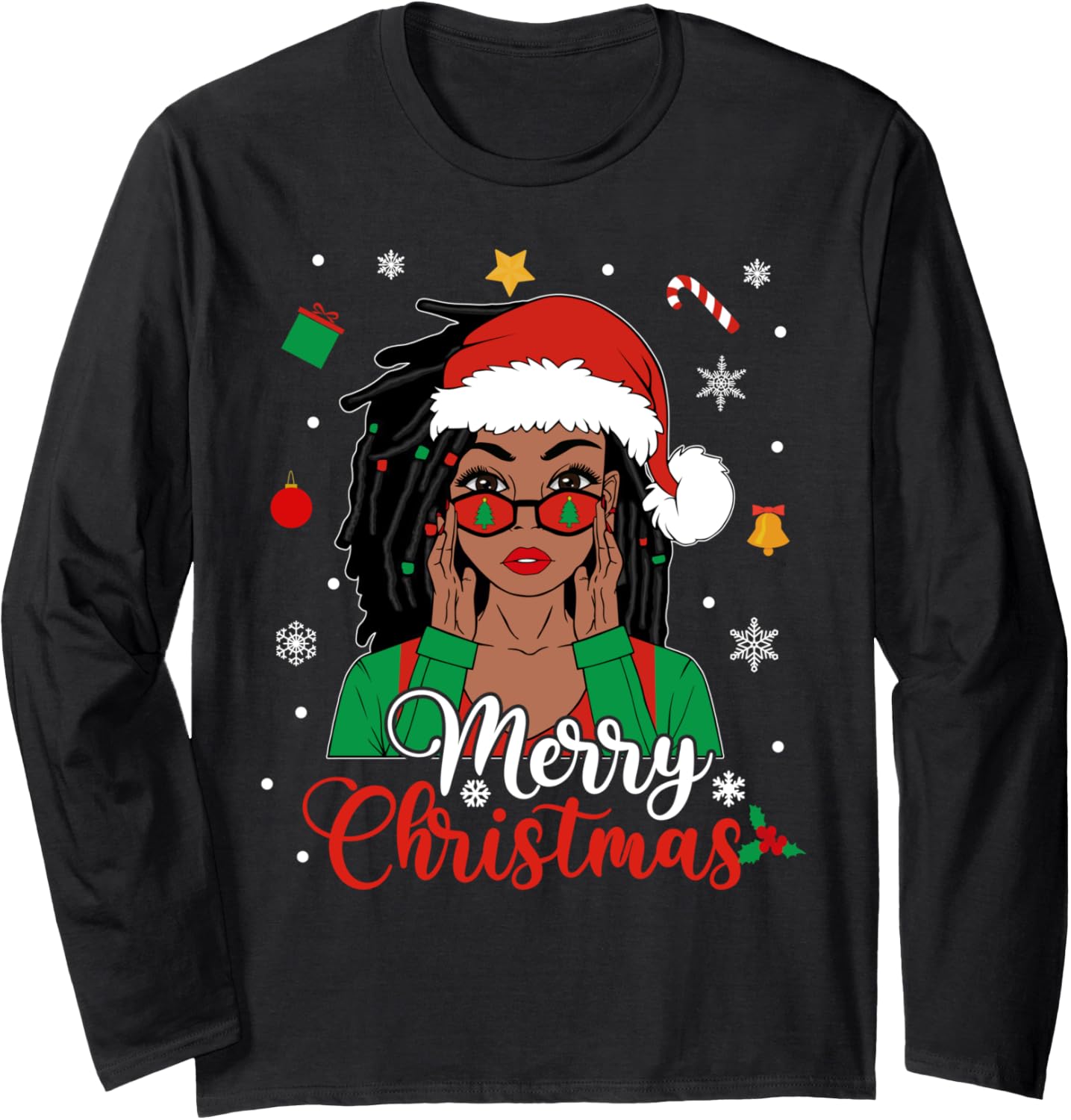African American Black Woman Loc'd Girl Merry Christmas Xmas Long Sleeve