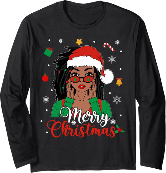 African American Black Woman Loc'd Girl Merry Christmas Xmas Long Sleeve