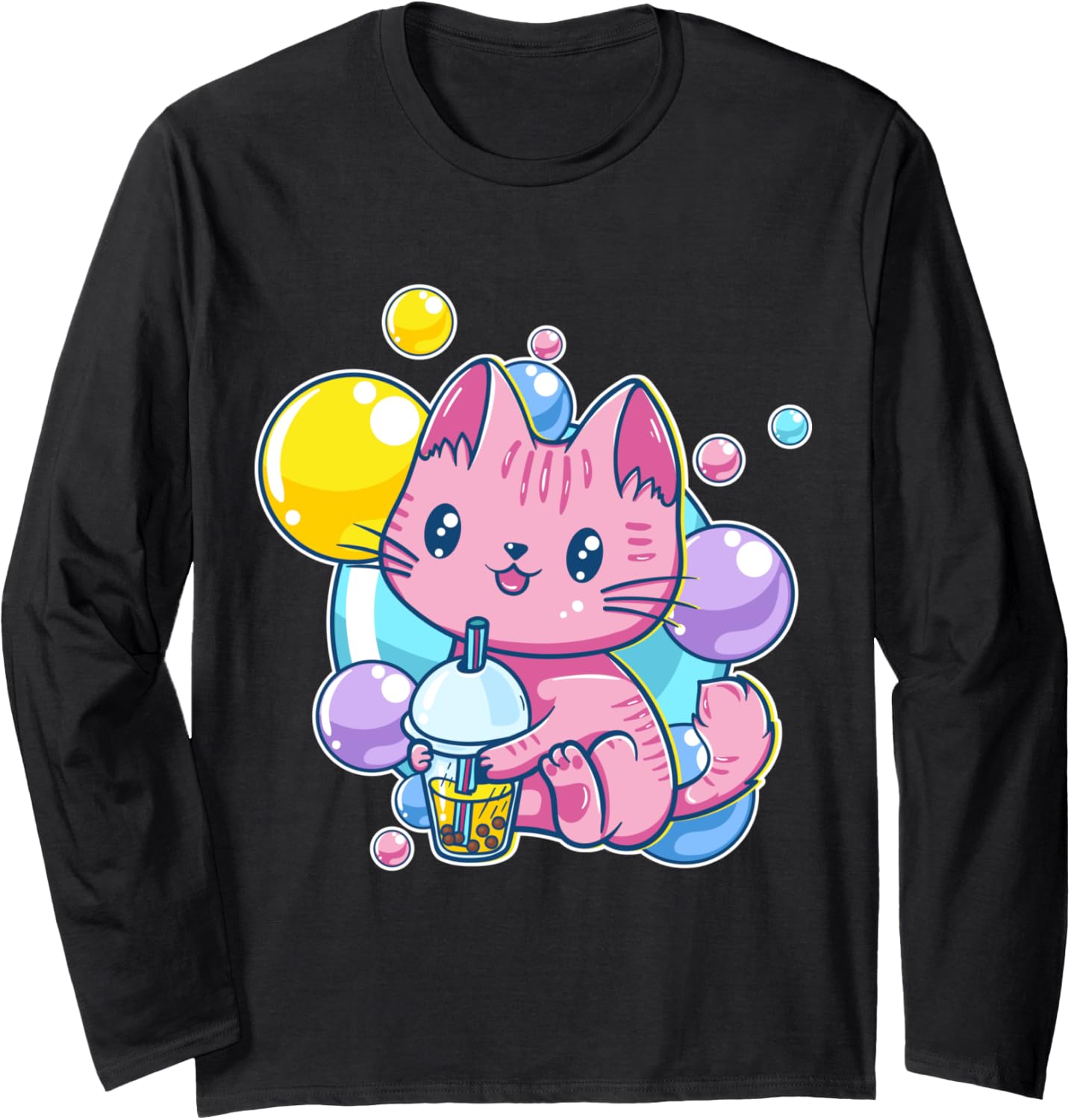 90s Kawaii Aesthetic Pink Pastel Chibi Cat Kitten Bubble Tea Long Sleeve