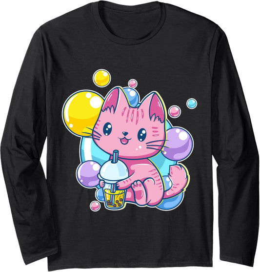 90s Kawaii Aesthetic Pink Pastel Chibi Cat Kitten Bubble Tea Long Sleeve