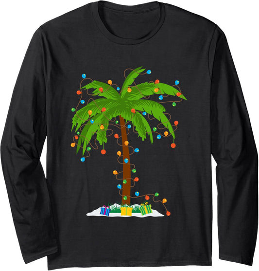 Christmas Beach Palm Tree With Xmas Lights Tropical Santa Long Sleeve