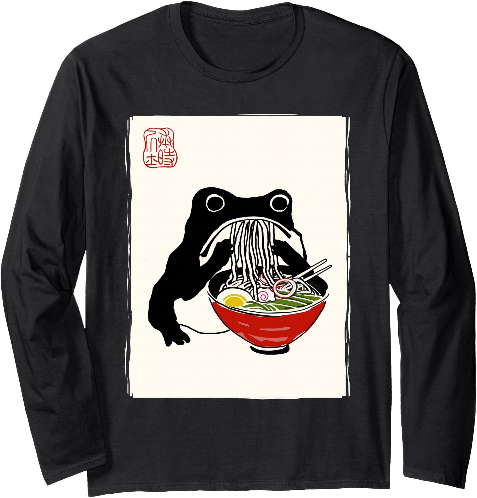 Funny Grumpy Frog Ramen Sumi-e Kawaii Ink Painting Japanese Long Sleeve