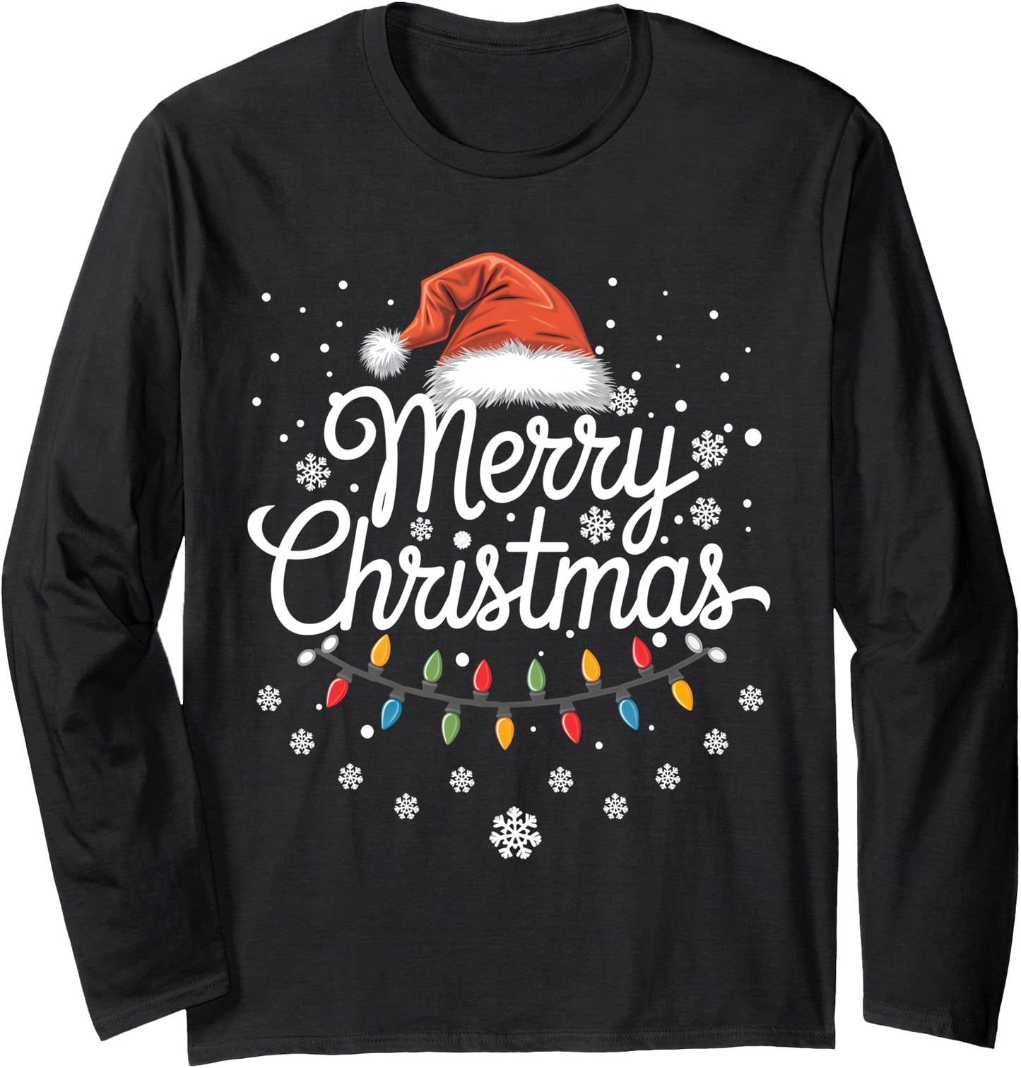 Merry Christmas Lights Red Santa Hat Xmas Family Men Women Long Sleeve