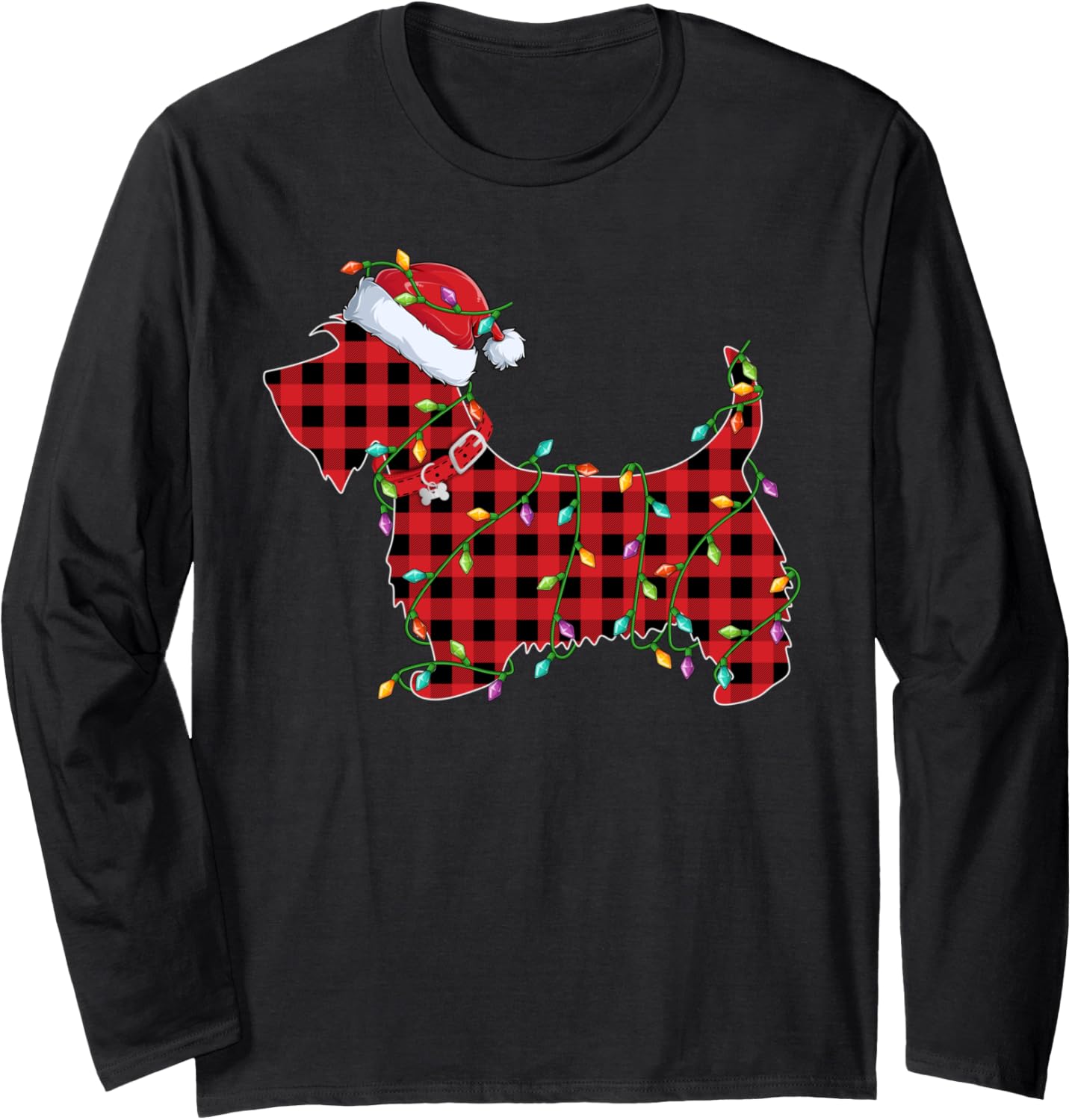 Xmas Lighting Matching Buffalo Plaid Scottie Dog Christmas Long Sleeve