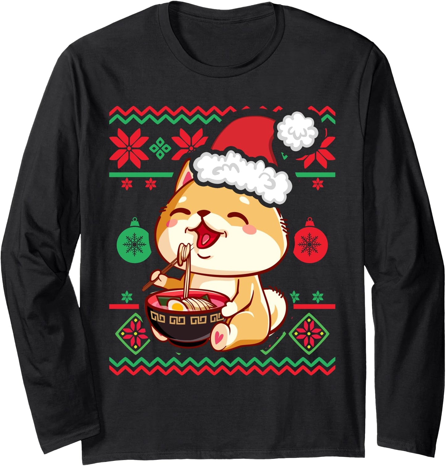 Ugly Christmas Sweater Kawaii Anime Shiba Inu Eating Ramen Long Sleeve