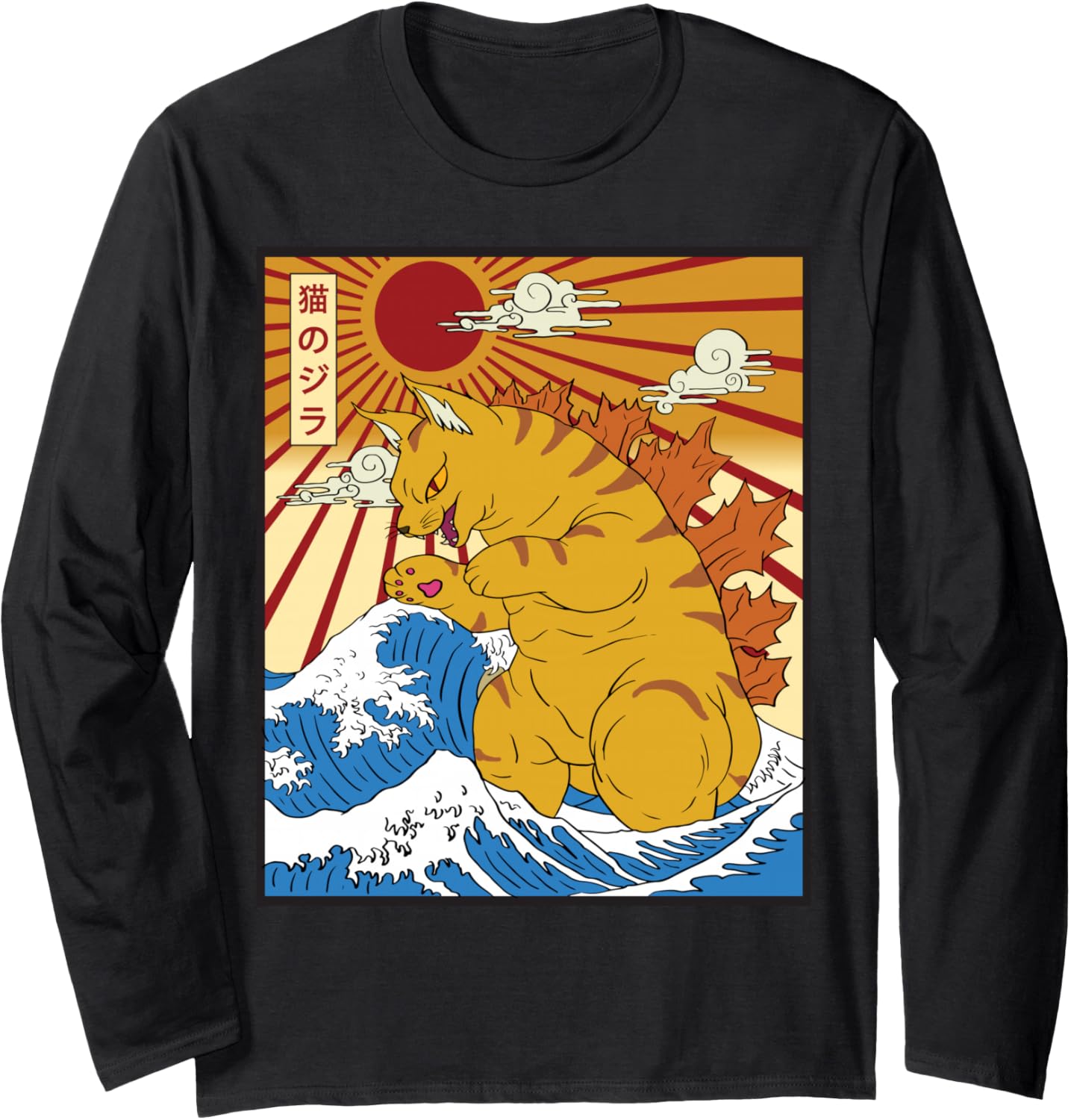 Catzilla Cat Japanese Anime Kawaii Funny Graphic Tees Men Long Sleeve