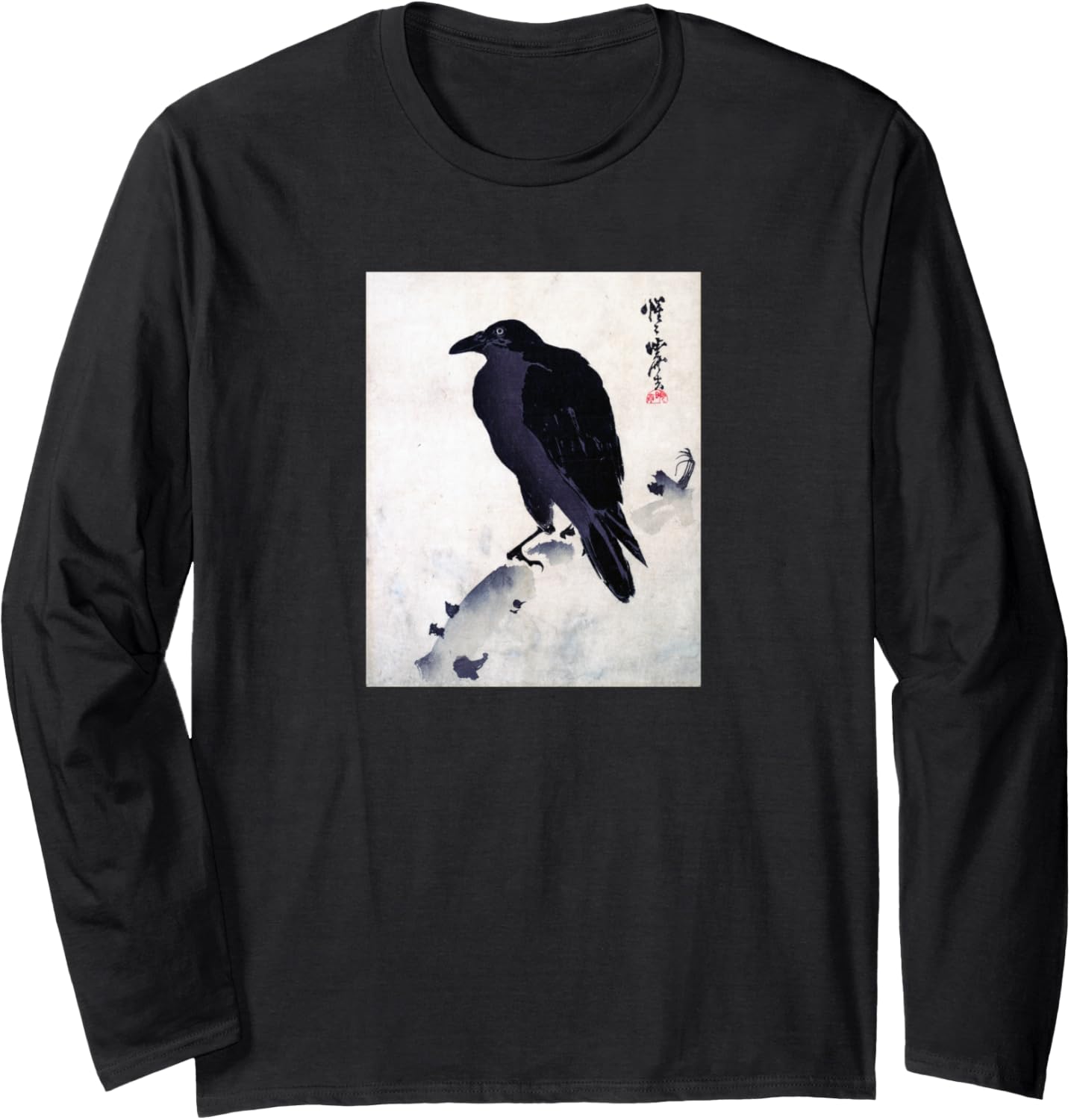 Japanese Crow Ink Art - Traditional Woodblock Bird Long Sleeve