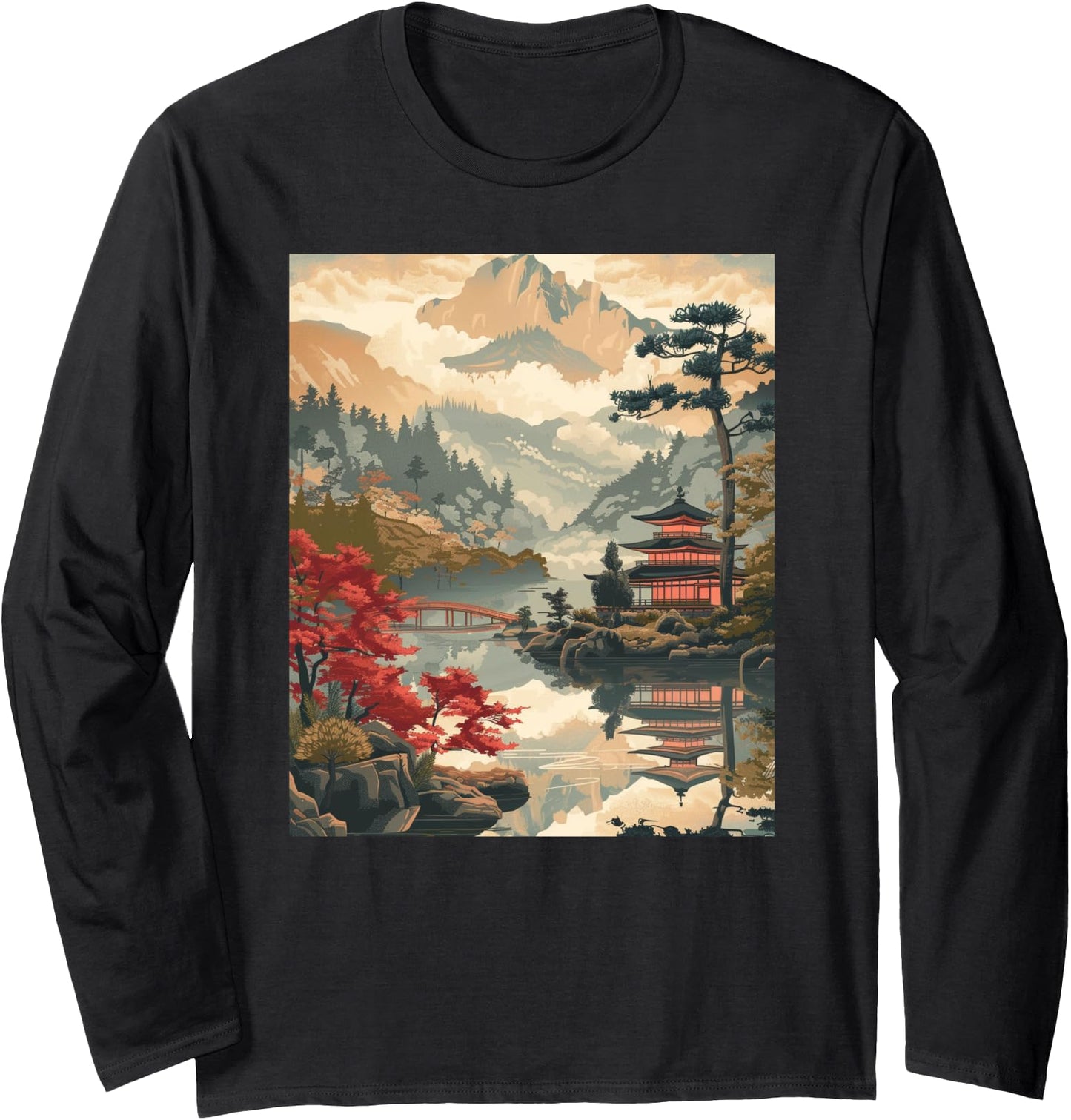 Vintage Woodblock Tee Japanese Graphical Art Long Sleeve