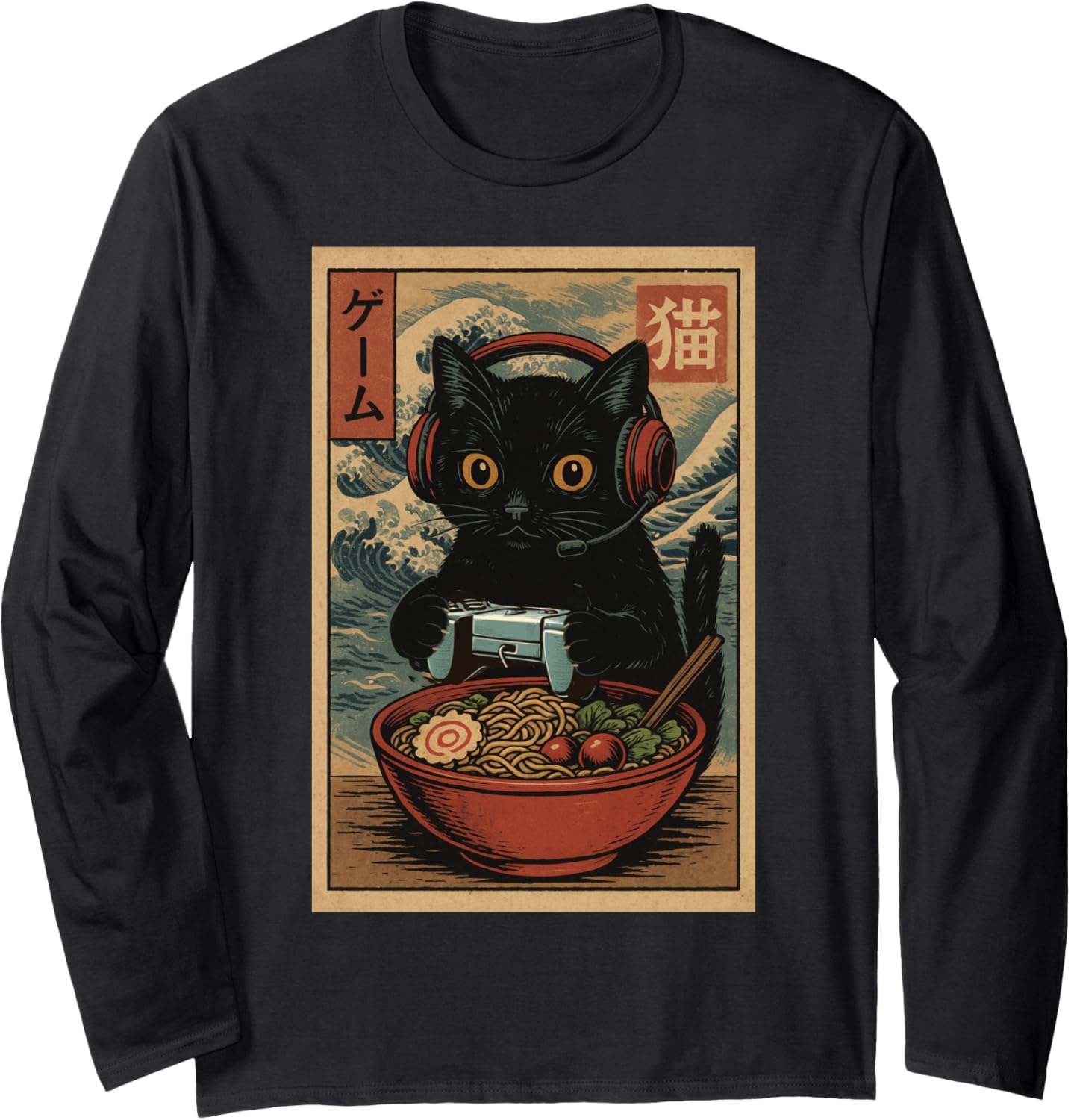 Cute Kawaii Gamer Cat Funny Ramen Retro Japanese Cat Gaming Long Sleeve