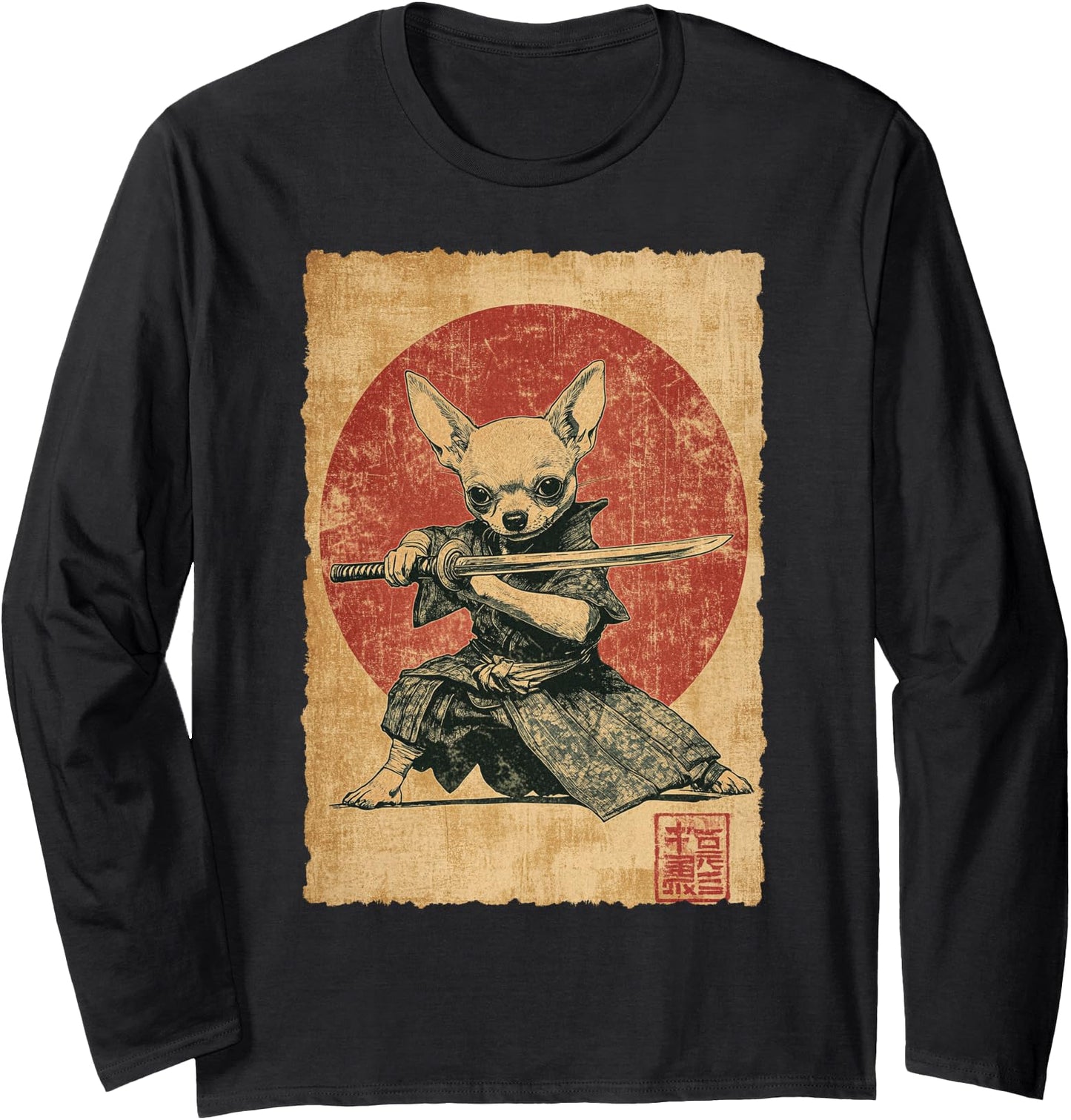 Vintage Japanese Art Chihuahua Ninja Samurai Warrior Katana Long Sleeve