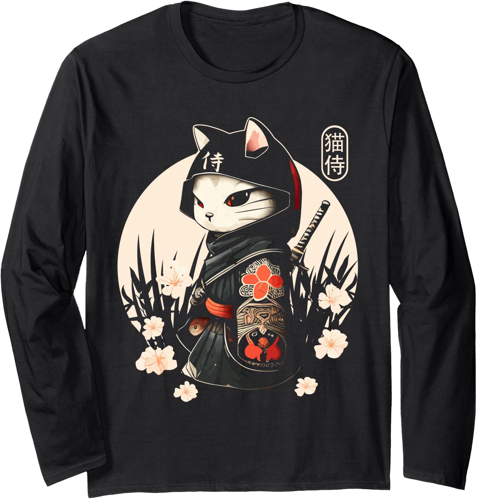 Japanese Samurai Cat Tattoo, Kawaii Ninja Cat Long Sleeve