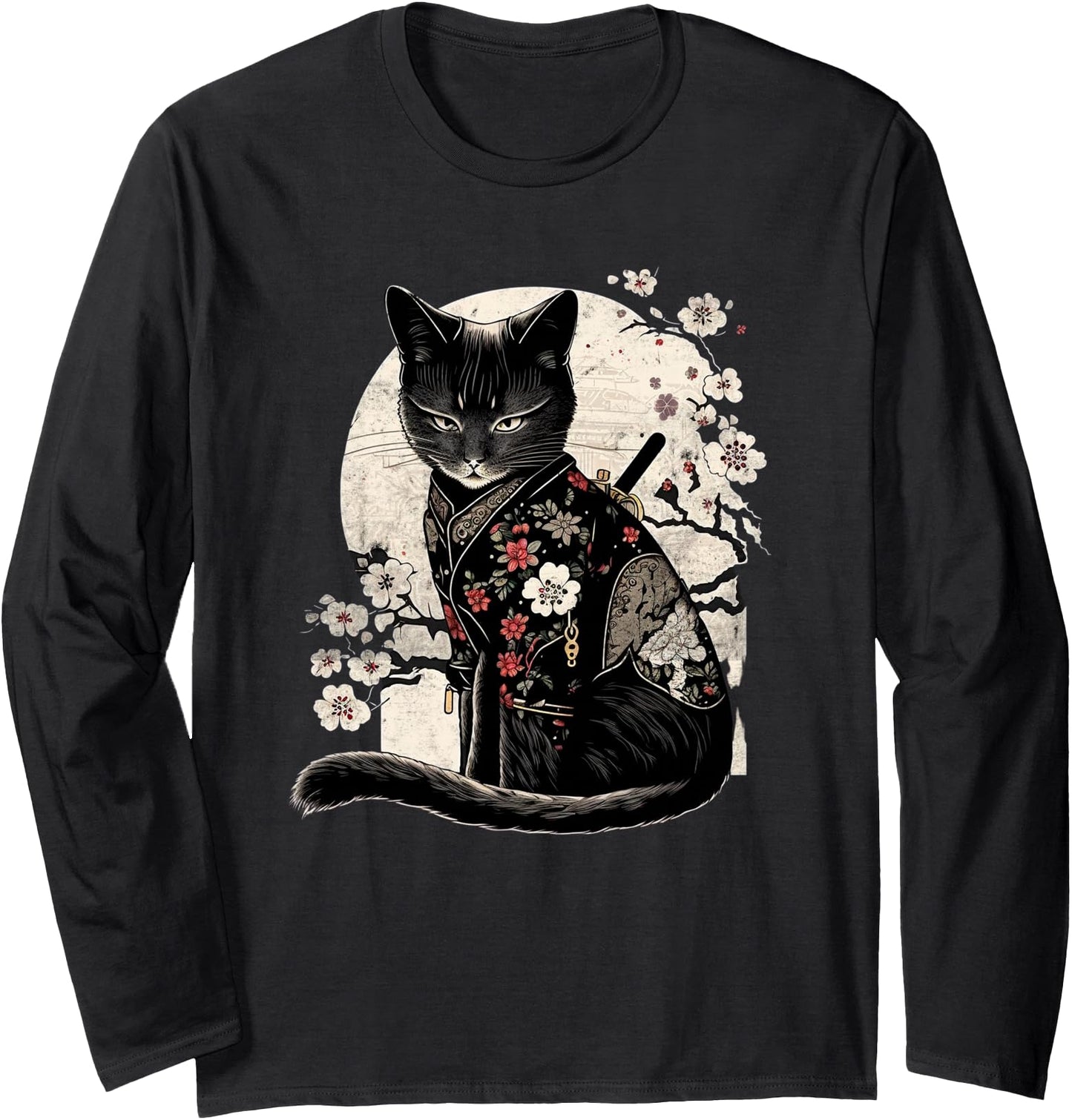 Retro Japanese Samurai Ninja Cat Kawaii Tattoo Design Long Sleeve