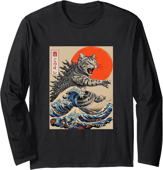 Catzilla Cat Japanese Art Funny Cat Gifts For Men Women Kid Long Sleeve