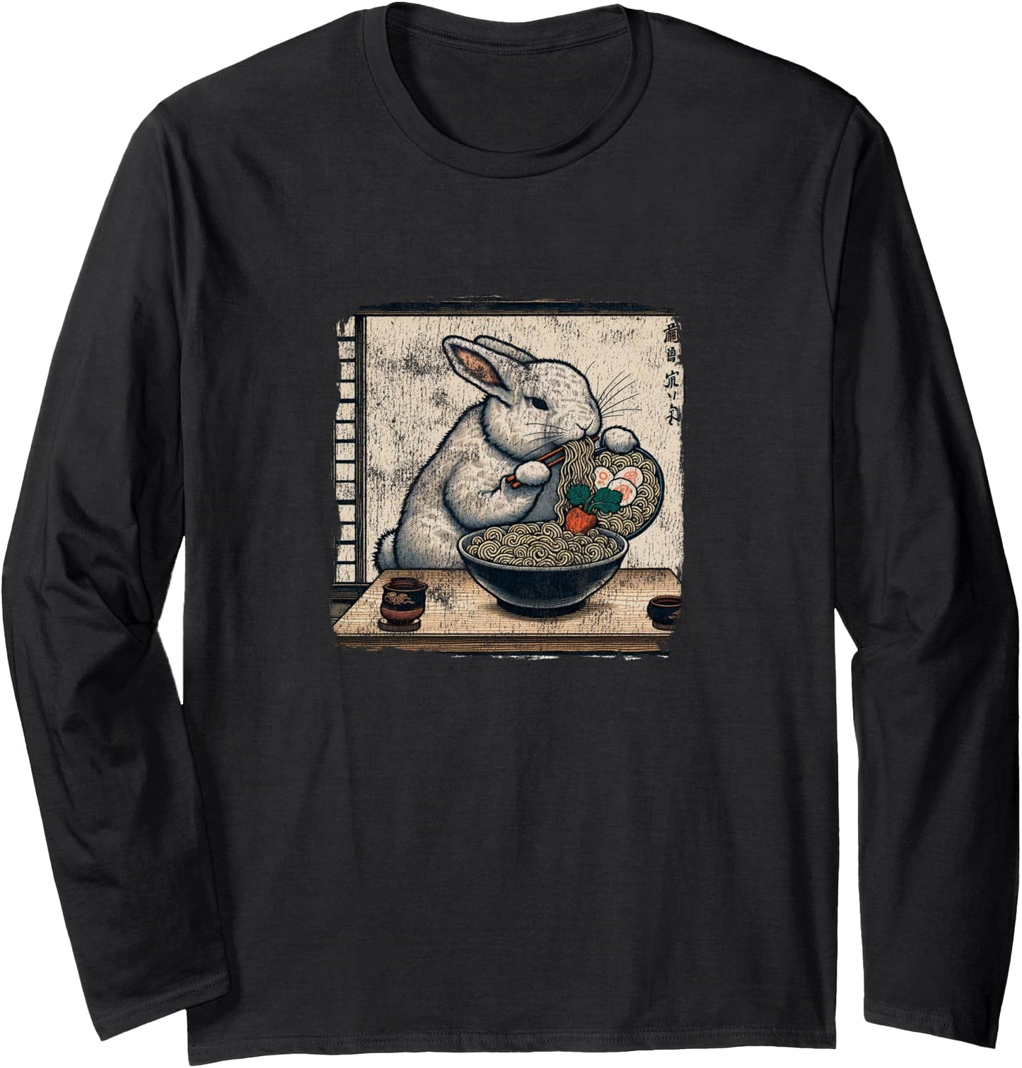 Bunny Rabbit Ramen Noodles Japanese Art Vintage Kawaii Black Long Sleeve