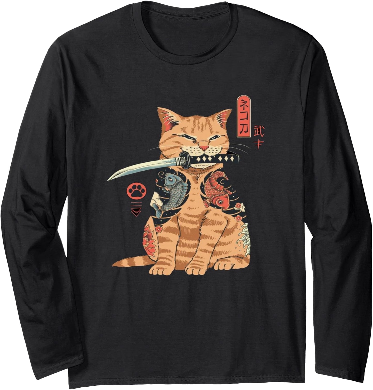 Japanese Samurai Ninja Cat Kawaii Tattoo Graphic Long Sleeve