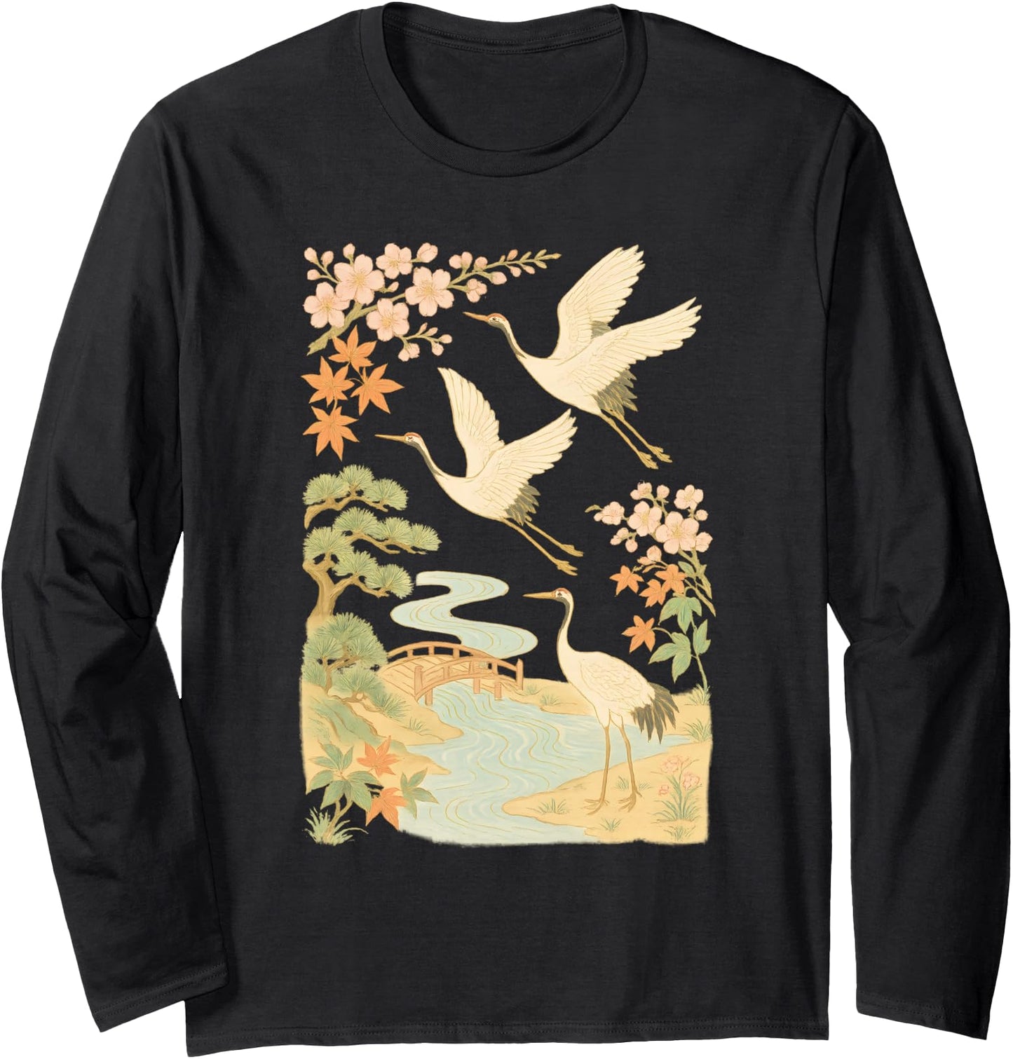 Graceful Japanese Cranes with Blossoms and River Traditional Long Sleeve