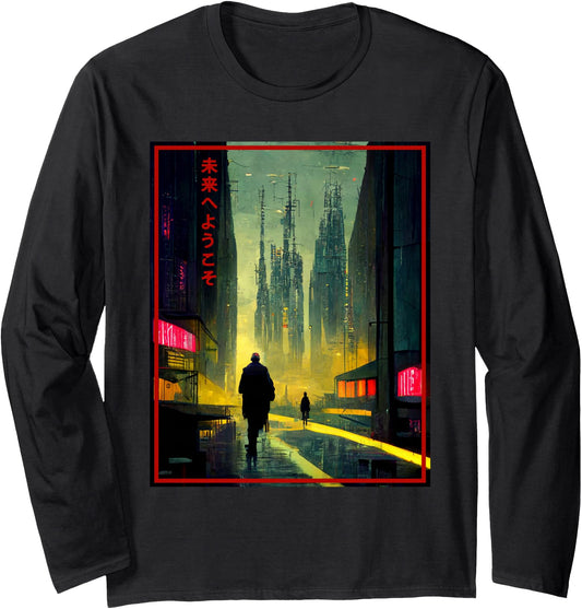A Man Walks Cyberpunk City Japanese Text Futuristic Costume Long Sleeve