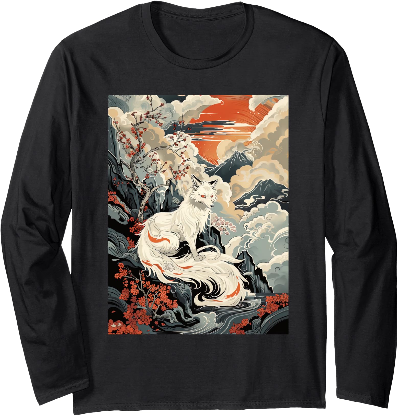 Vintage Japanese Woodblock Art Of Nine Tails Fox Kitsune Art Long Sleeve