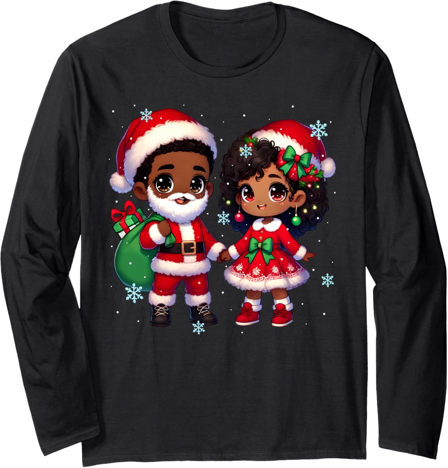 African American Santa Mrs Clause Chibi Melanin Christmas Long Sleeve