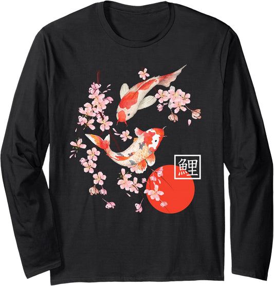 Cherry Blossom Koi Carp Fish Japanese Sakura Graphic Art Long Sleeve