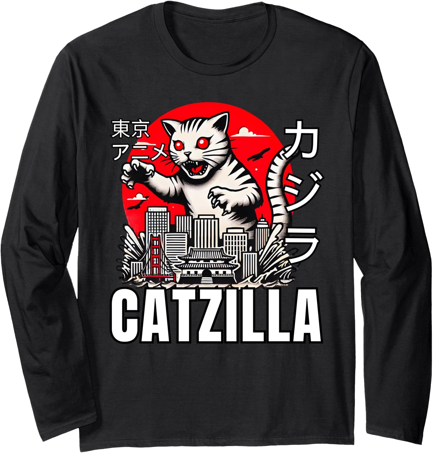 Catzilla Vintage Funny Cute Cat Art Japanese Sunset Long Sleeve