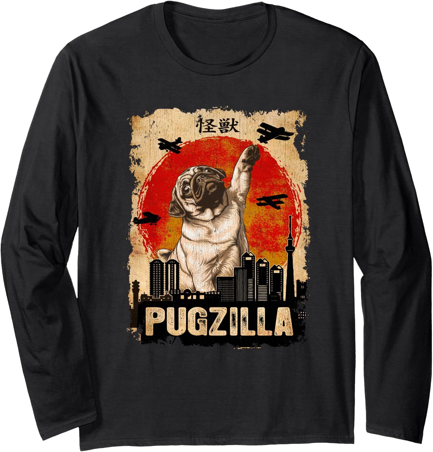 Japanese Kaiju Retro Vintage Funny Pugzilla Pug Long Sleeve