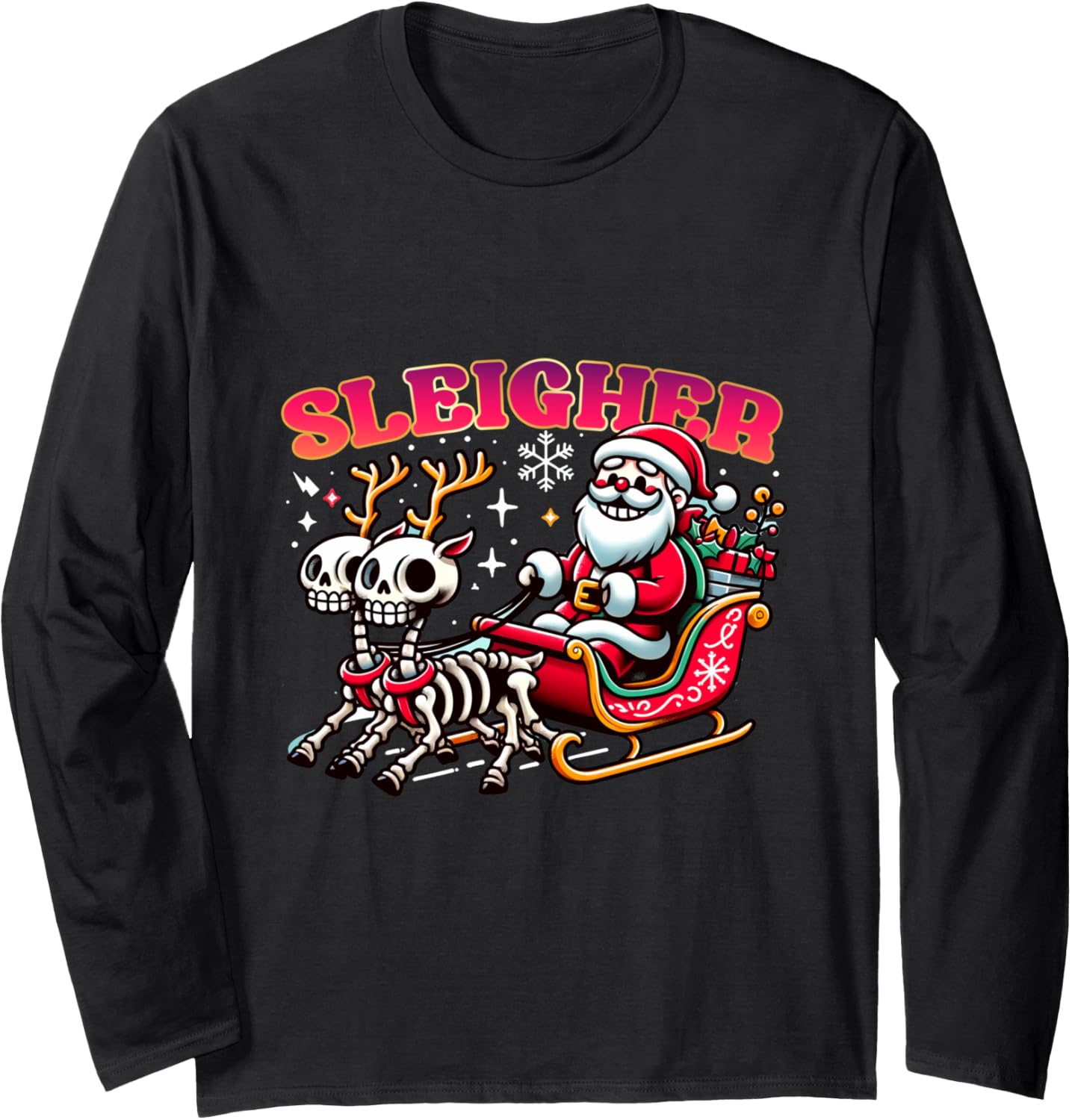 Sleigher Santa Sleigh Skeleton Reindeer Snow Halloween Xmas Long Sleeve