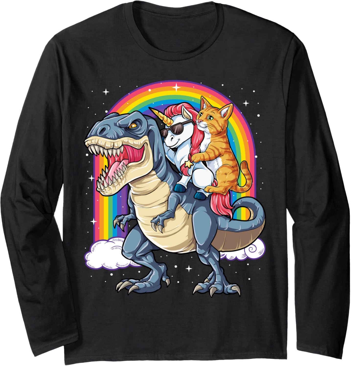Cat Unicorn Riding Dinosaur T rex Kitten Lover Space Galaxy Long Sleeve T-Shirt