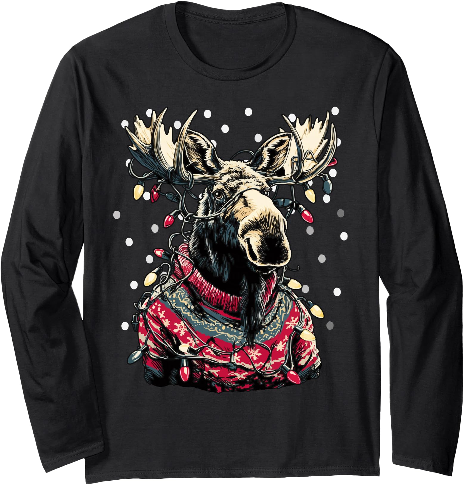 Cute Moose with Snow Christmas Lights Festive Animal Winter Long Sleeve