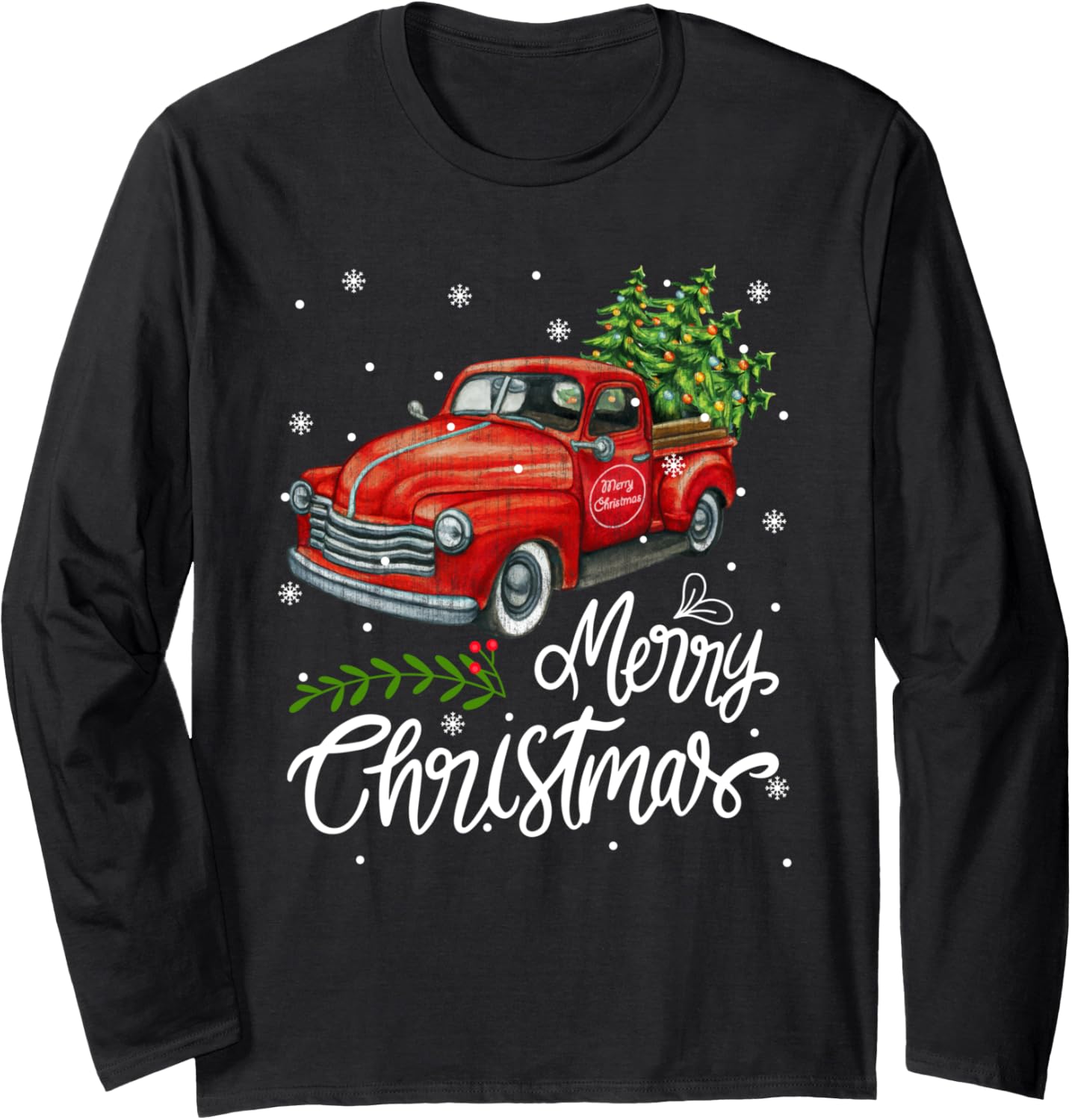 Vintage Wagon Red Truck Christmas Tree Pajama Family Xmas Long Sleeve