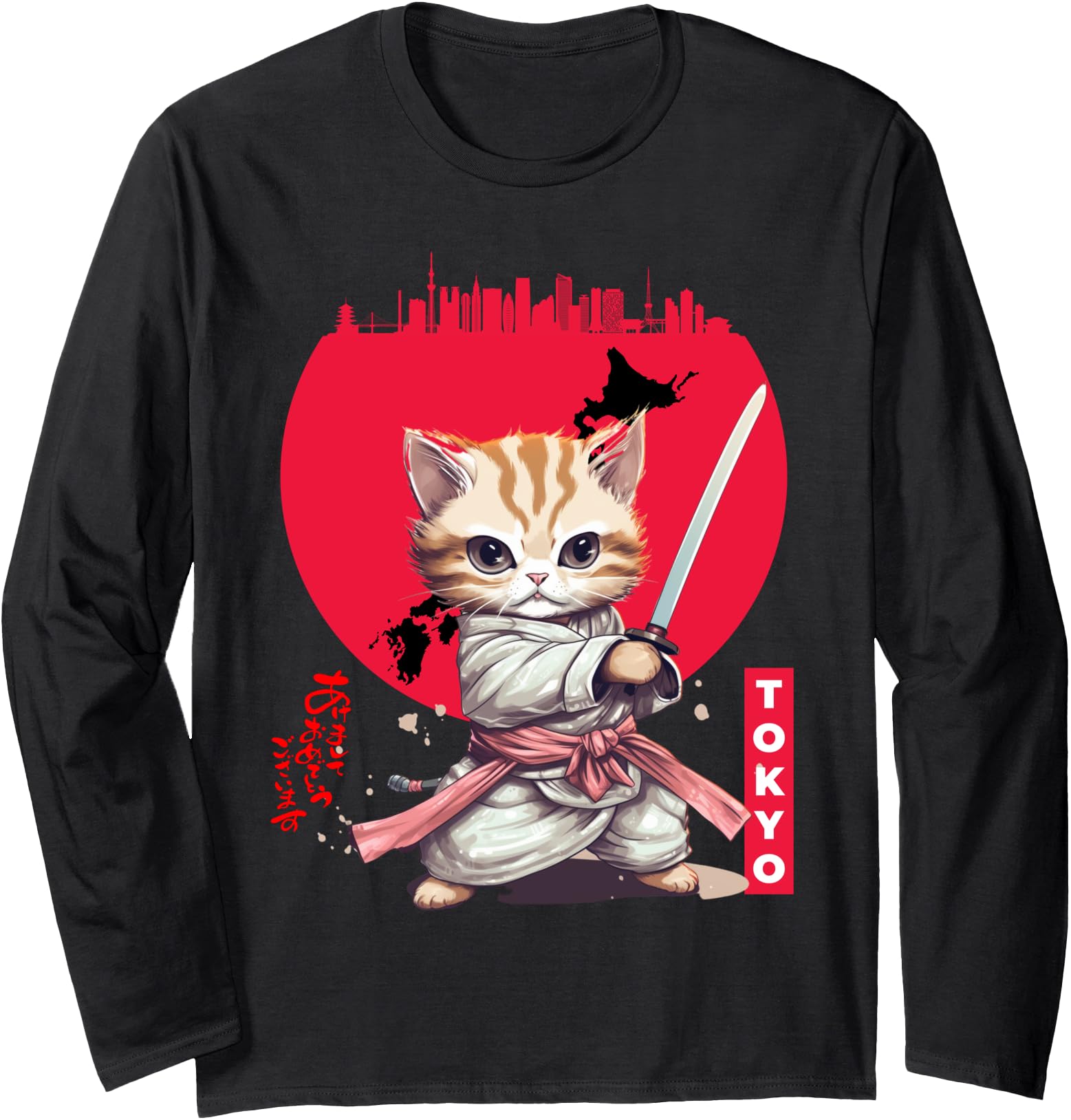 Red Sun Anime City With Kawaii Cat Tokyo Japanese Writing Long Sleeve