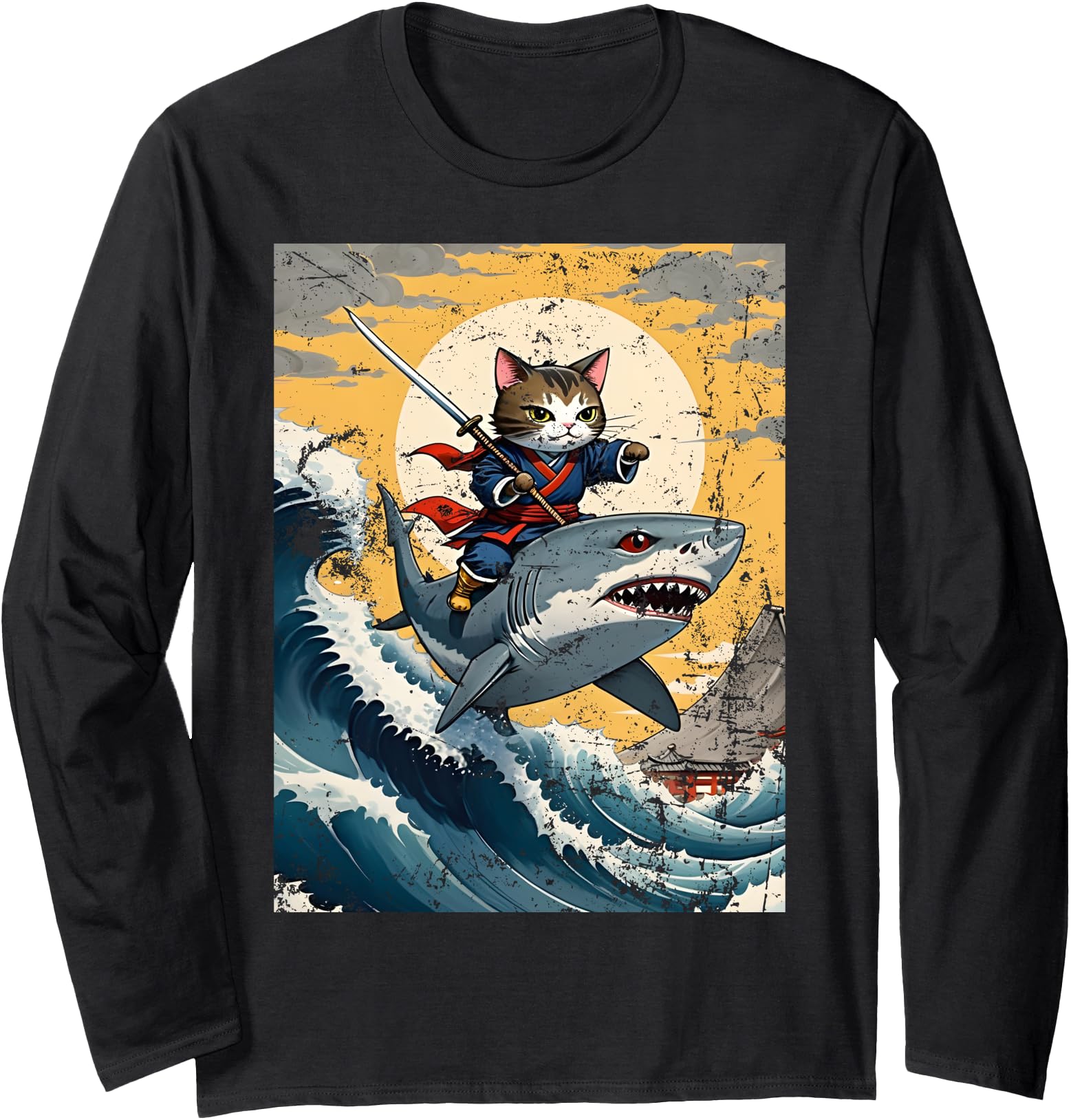 Ninja Cat Samurai Riding Shark Kawaii Anime Japanese Vintage Long Sleeve