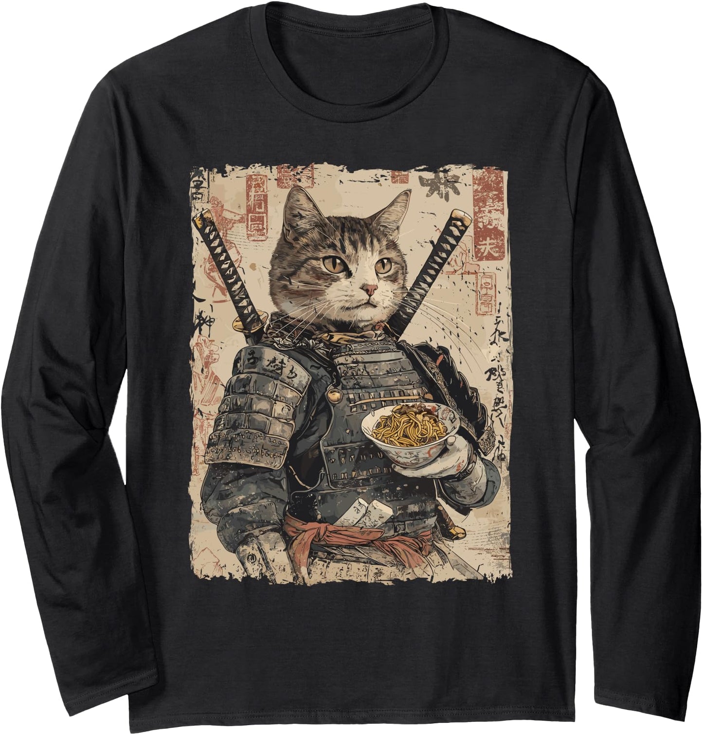 Samurai Cat Loves Ramen Funny Anime Japanese Artwork Samurai Long Sleeve