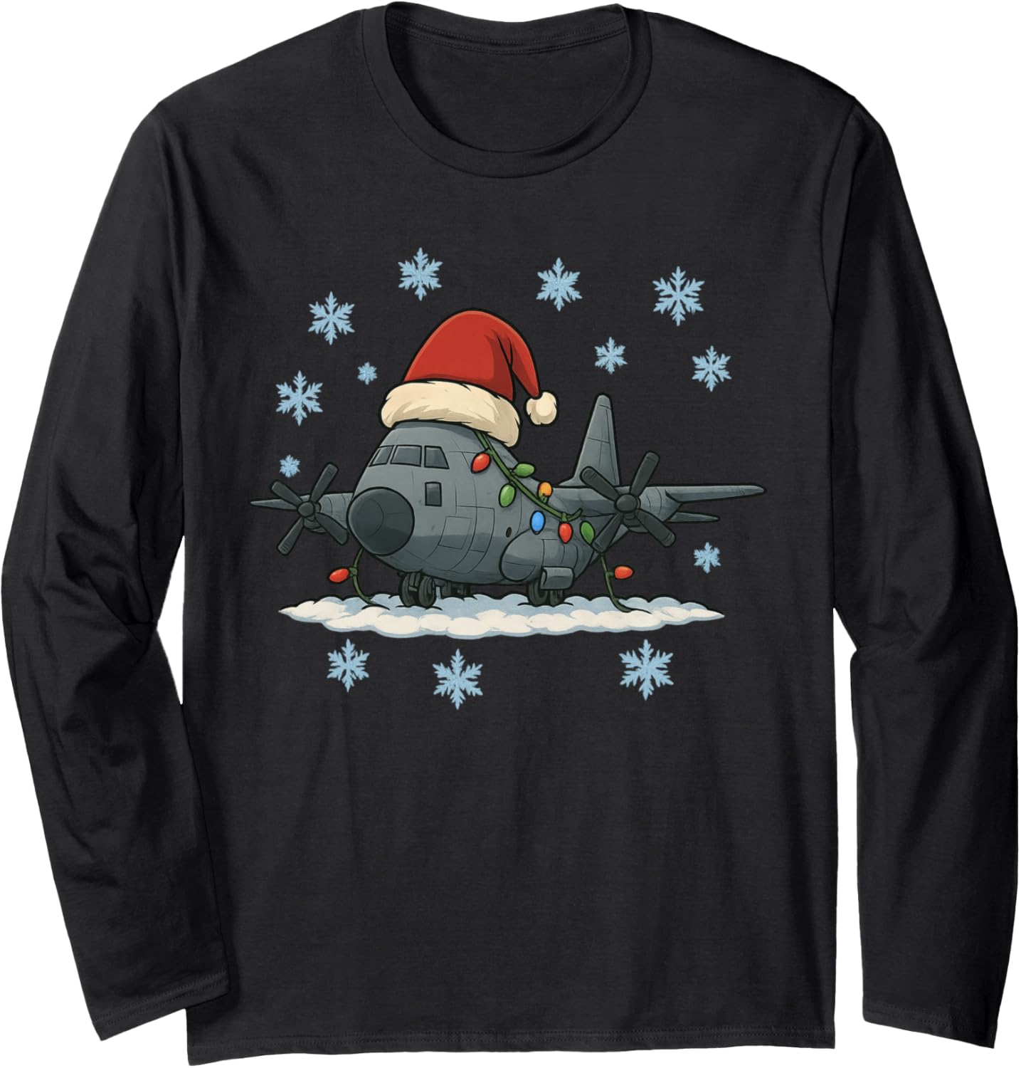 Christmas Lights Wrapped On Cute C-130 HERC Airplane Lover Long Sleeve
