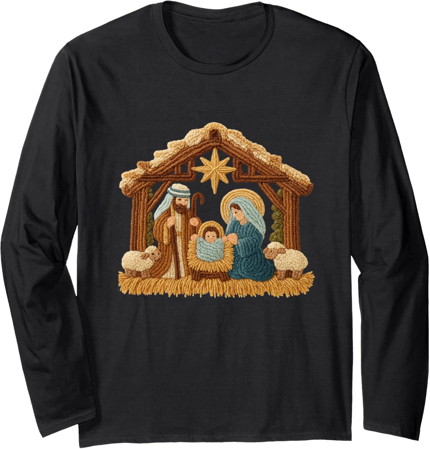 Nativity Scene Yarn Crochet Jesus Christmas Religious Design Long Sleeve