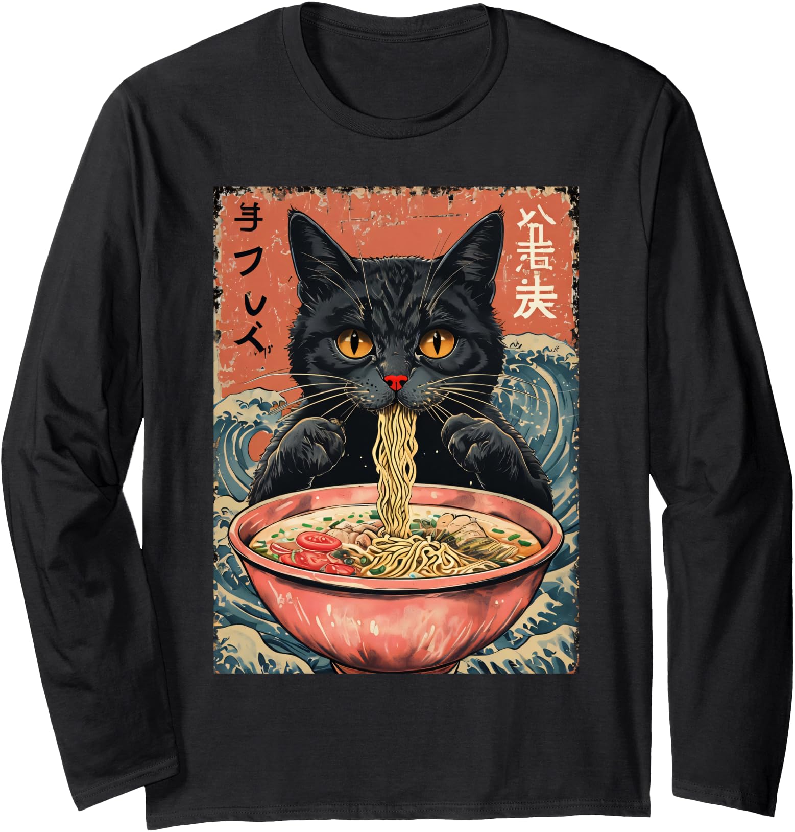 Cat Ramen Japanese Funny Graphic Tees Kawaii Cat Anime Gifts Long Sleeve