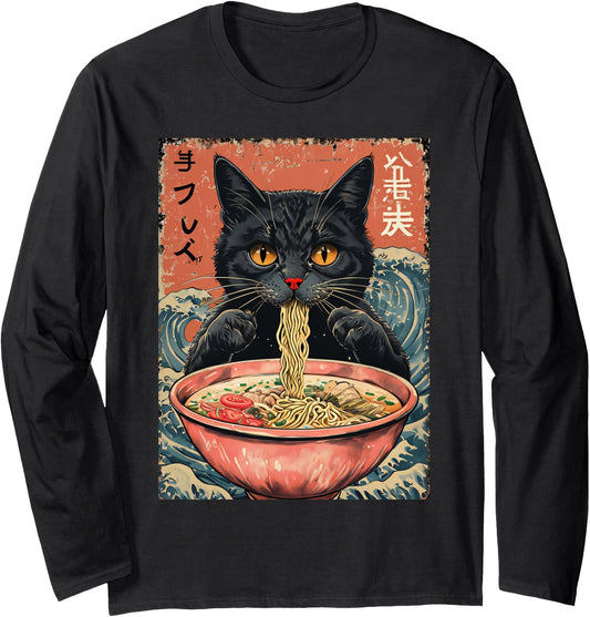 Cat Ramen Japanese Funny Graphic Tees Kawaii Cat Anime Gifts Long Sleeve
