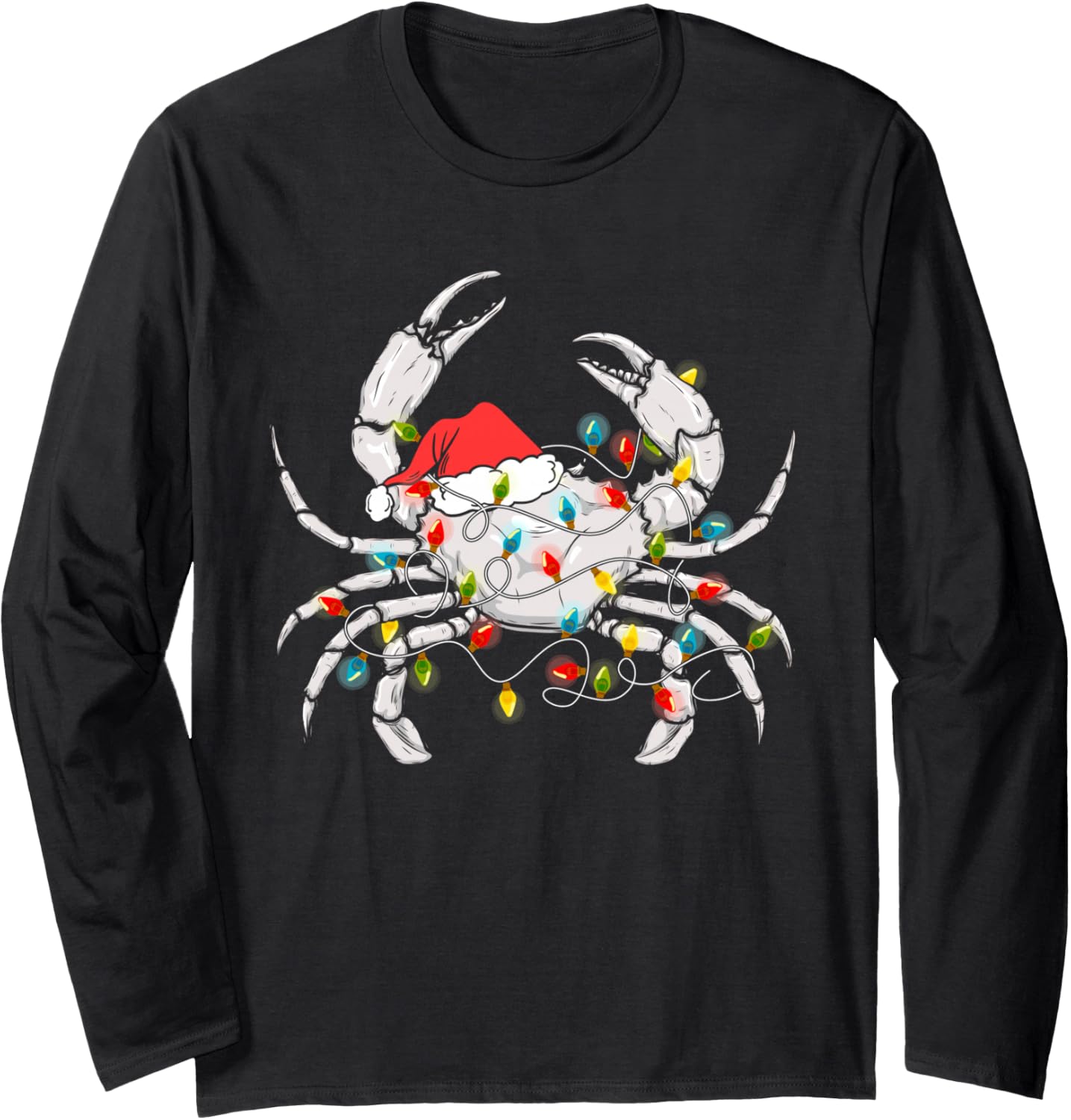 Crab Santa Hat Xmas Lights Sea Animal Lover Ugly Christmas Long Sleeve