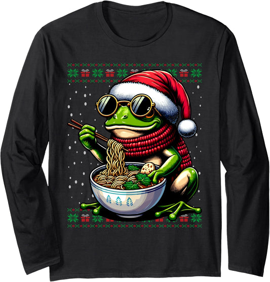 Christmas Frog Eating Ramen Ugly Christmas Sweater Long Sleeve